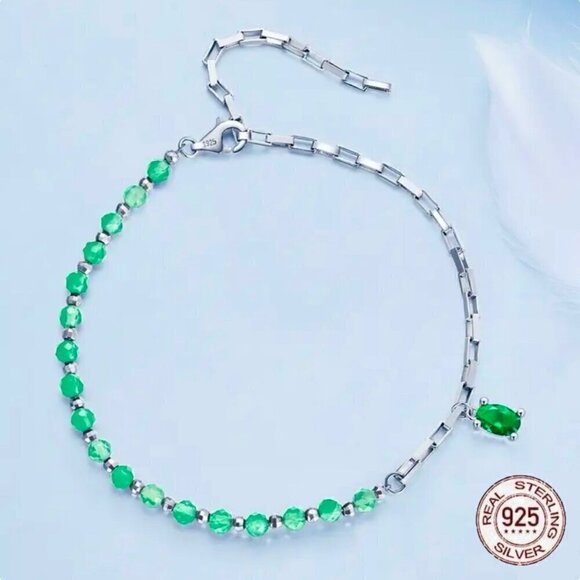 NWT Green Gem Charm Bracelet S925 Sterling Silver Beaded Boxy Chain Delicate - Picture 3 of 10
